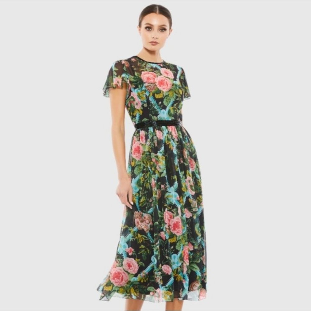 Mac Duggal Floral Print Midi Dress - Black, Pink, Green, Blue